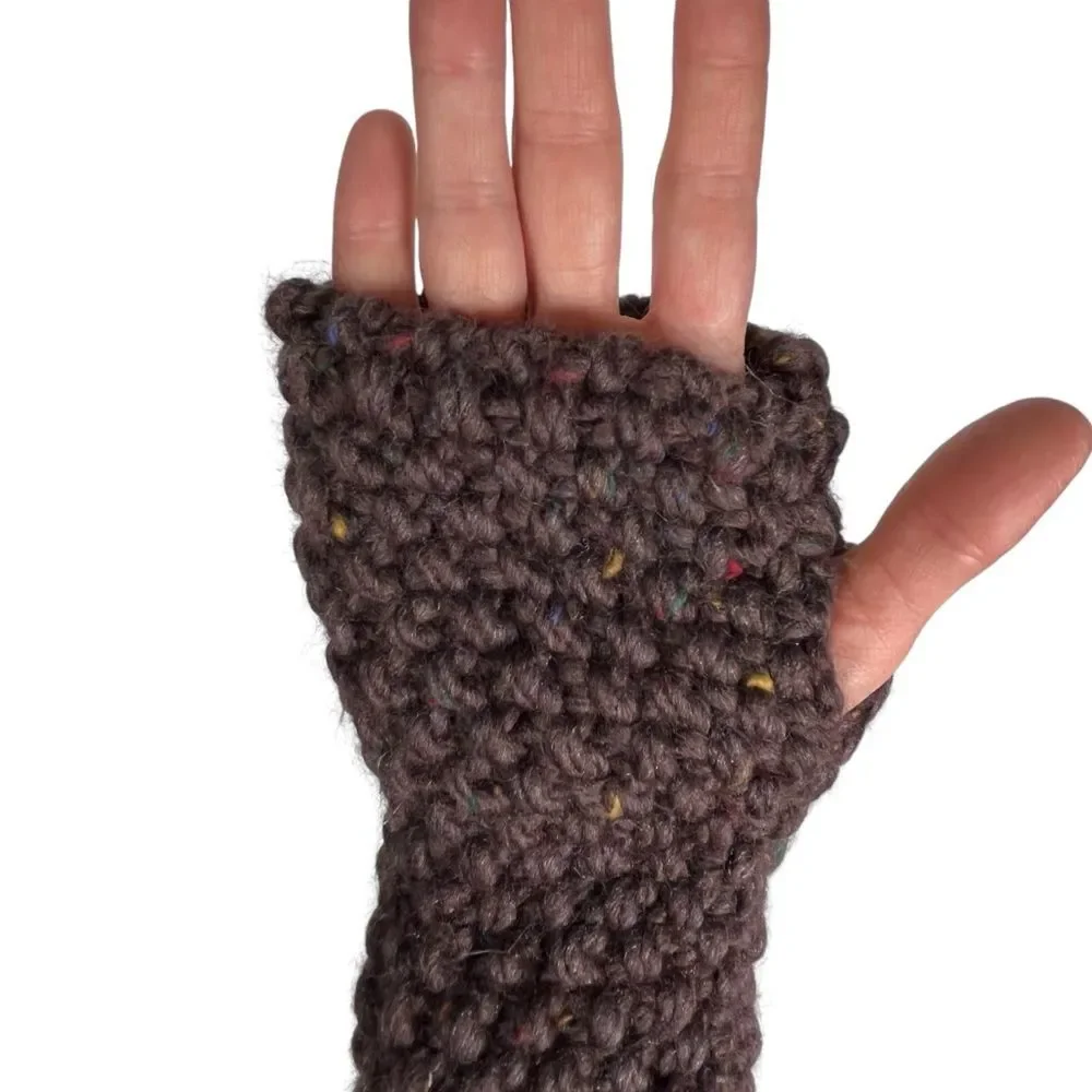 Brown Merino Wool Knit Mittens Hamdmade Chunky Knit Fingerless Gloves Thumbholes
